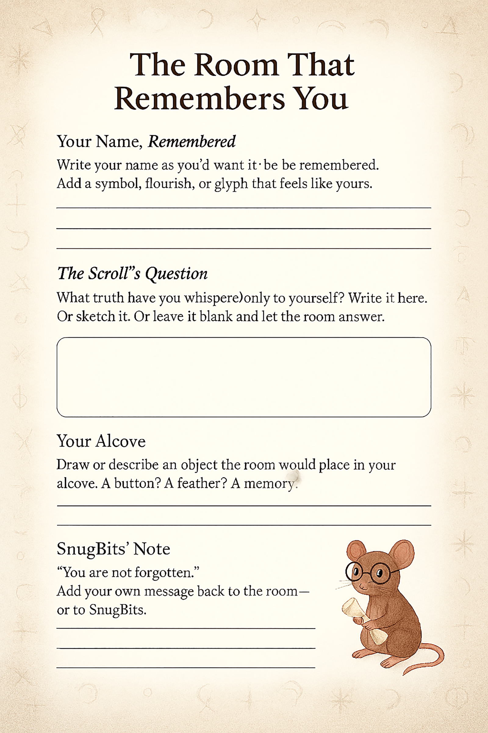 A printable journaling page titled “The Room That Remembers You,” with prompts for reflection, sketching, and a note from SnugBits.